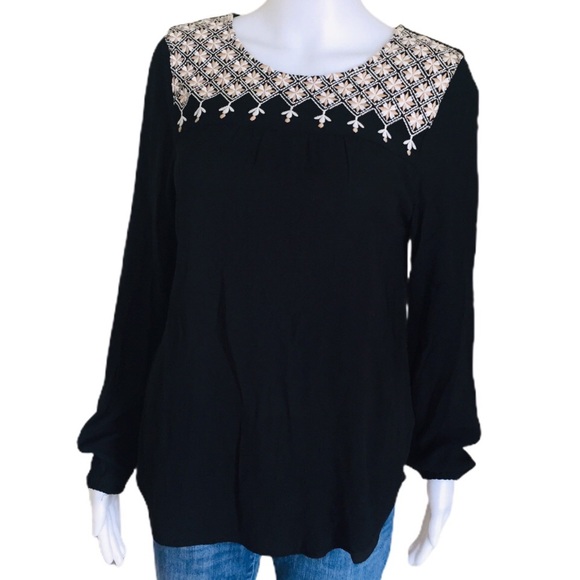 GAP Boho Embroidery Peasant Blouse With Long Sleeves Black/Ivory Size XS - Picture 1 of 15
